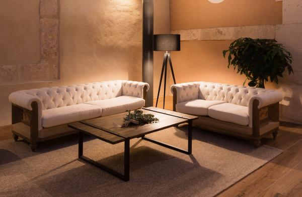 Grand canapé chesterfield lin et coton amande