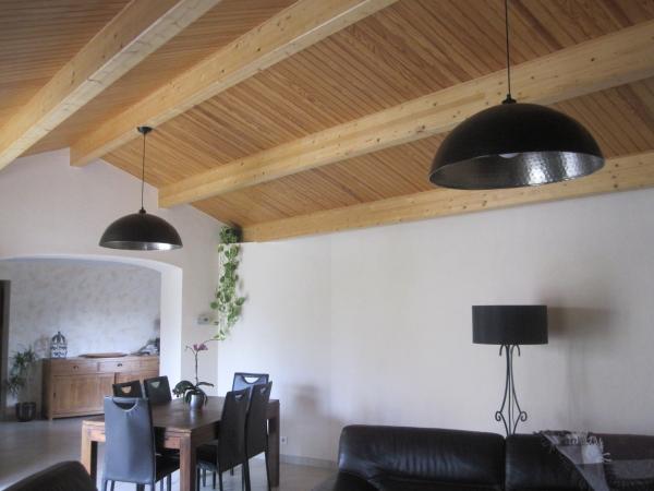 Pour cette pi�ce de vie, ces suspensions en m�tal martel� sont les luminaires qu'il manquait pour habiller et mettre en valeur ce toit avec poutres apparentes et le m�lange des mat�riaux comme le fer forg�, le cuir, le bois...