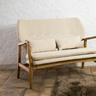 Une banquette élégante en bois massif et tissu textile.