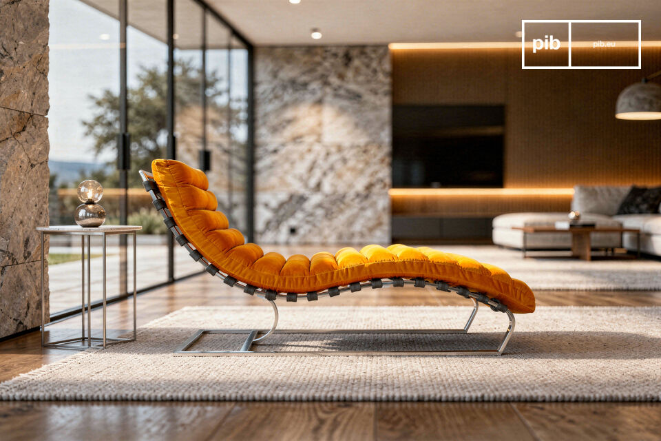 Contrasting tangerine velvet and mirror steel.