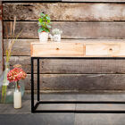 Light console in solid wood and black metal base.