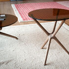 Die Glasplatte ist getönt passend zum dunklen Holz der Basis.