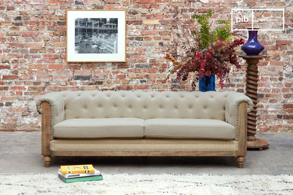 Grande divano Chesterfield in lino e cotone mandorla Montaigu