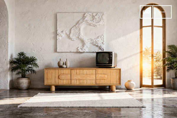 Meuble TV en bois clair avec portes en rotin Avena
