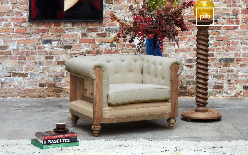 Chesterfield fauteuil van linnen en katoen in amandelkleur Montaigu