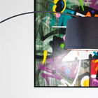 The shade is made of black fabric and has a white interior that reflects light.