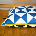 100% organic cotton with turqoise triangles on one side, black ones on the other