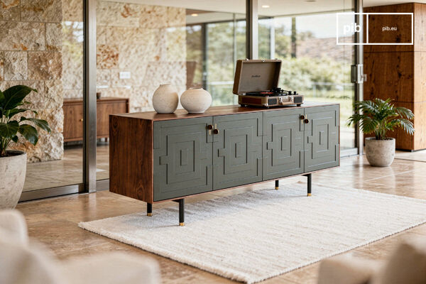 Deze 180 cm lange dressoir biedt een uitgesproken contrast in materialen