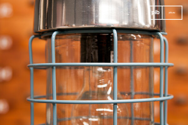 Mesh lampshade with visible bulb.