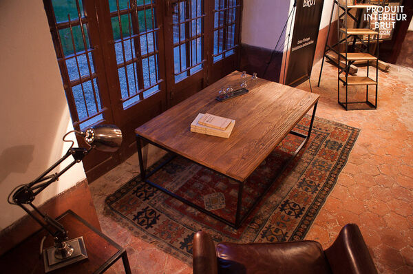 Grande table basse avec plateau en bois ancien