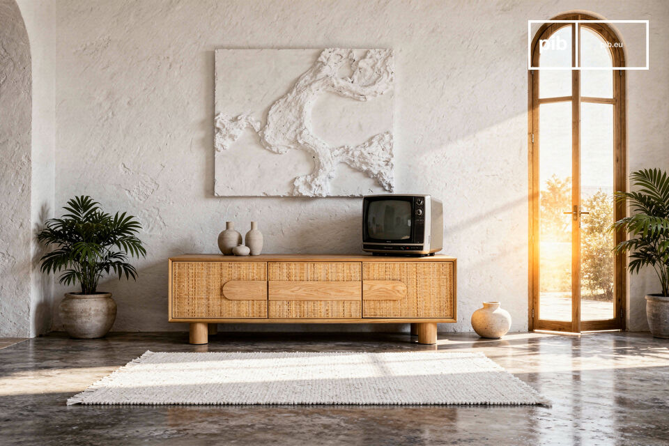 TV cabinet in light wood with rattan doors Avena