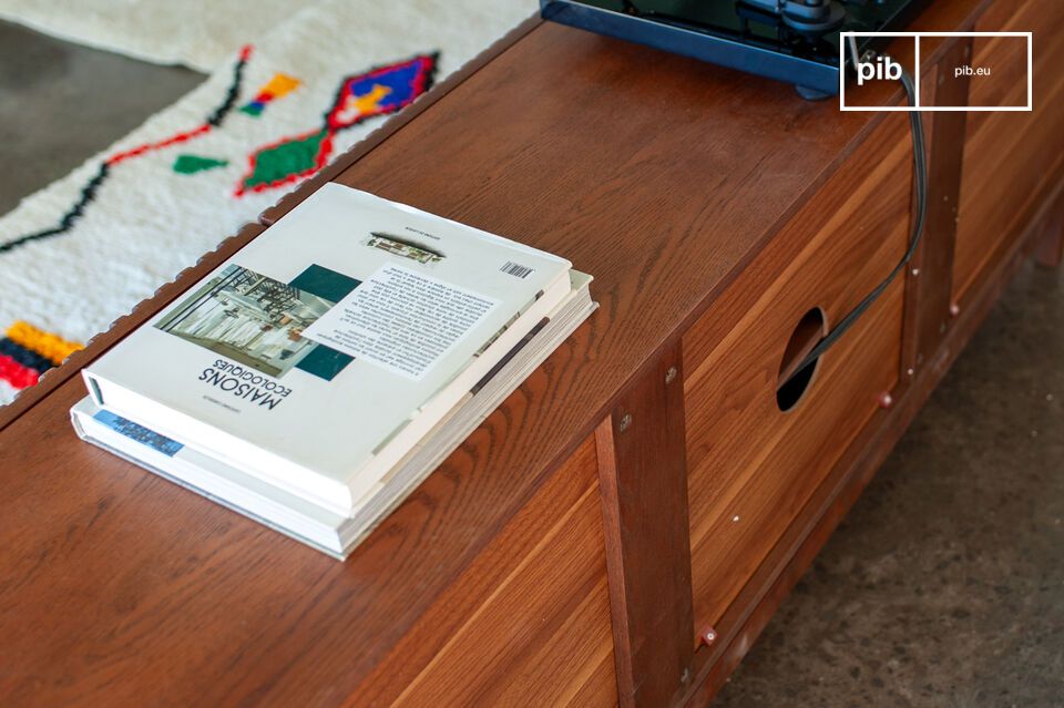 Aan de achterkant maakt een discrete kabeldoorvoer het eenvoudig om uw multimedia-apparatuur aan te