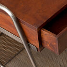 Varnished solid wood and sturdy metal base.