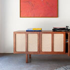 Walnut-tone wood and linen TV unit Thalos