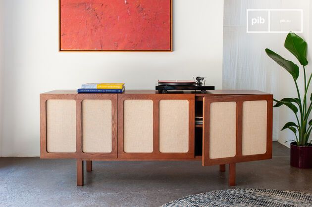 Walnut-tone wood and linen TV unit Thalos