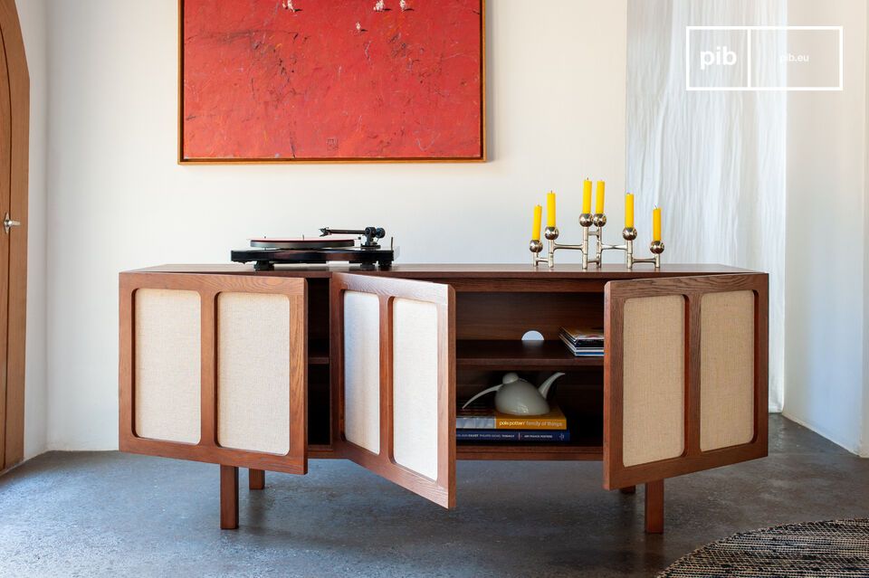 An elegant piece that blends walnut warmth with linen softness